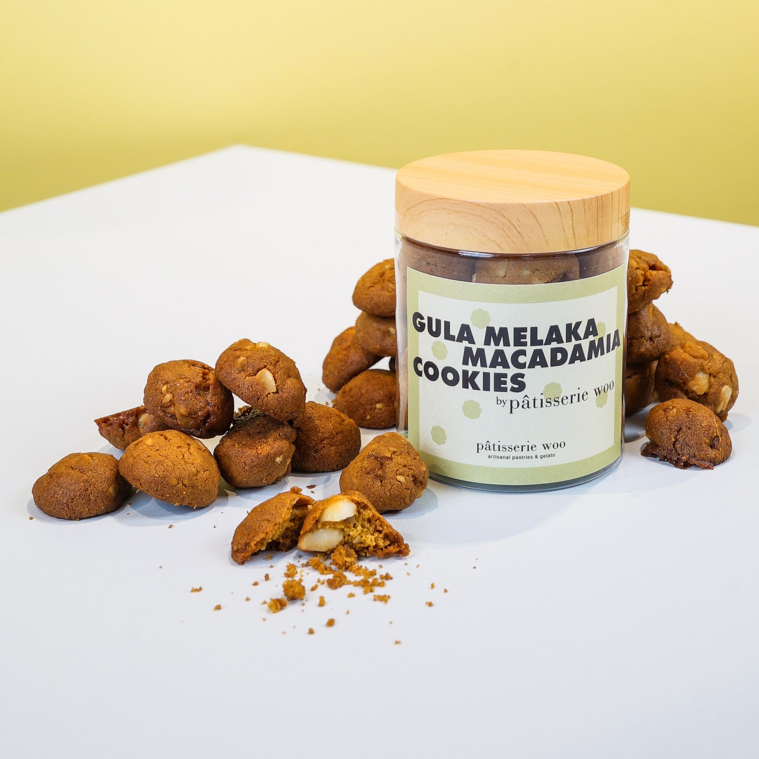 A jar of Gula Melaka cookies with chunks of Macadamia Nuts