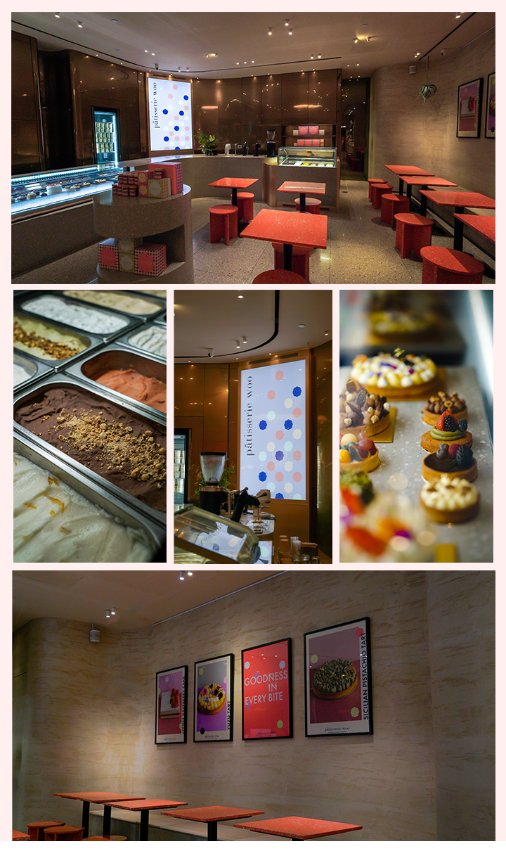 Collage of Patisserie Woo's cafe at ION Orchard featuring gelato and tarts